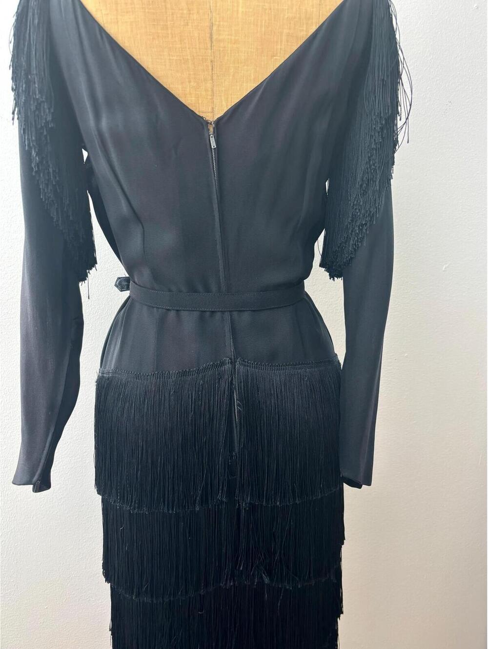 Vintage 1940s Black Belted Fringe Cocktail Dress - Picture 6 of 8